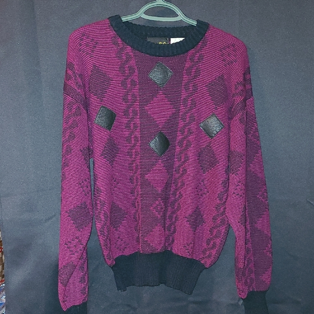 Vintage NORDIC Geometric Patterned Sweater - Black and Purple  Leather Accents - Picture 3 of 12